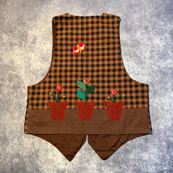 Vintage Handmade Brown Gingham Plaid Vest Cat Bee Flowers Applique Cottage L - Picture 2 of 4